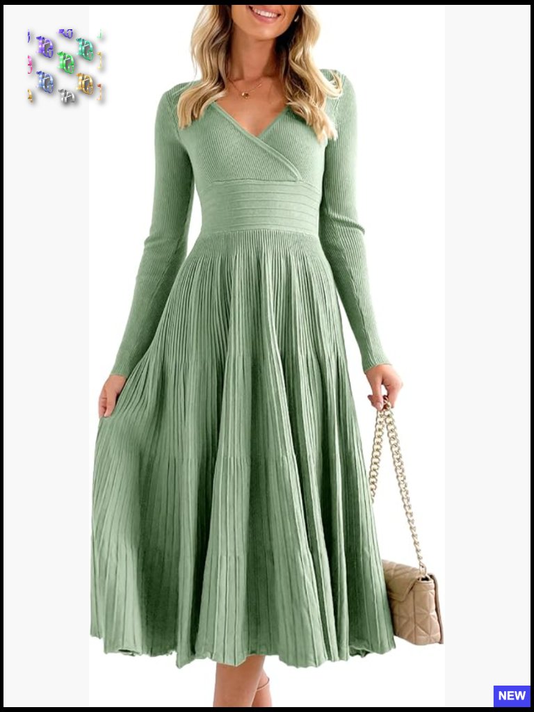 Long Sleeve Midi Sweater Dress Wrap V Neck Pleated A Line Fit Flare Elegant